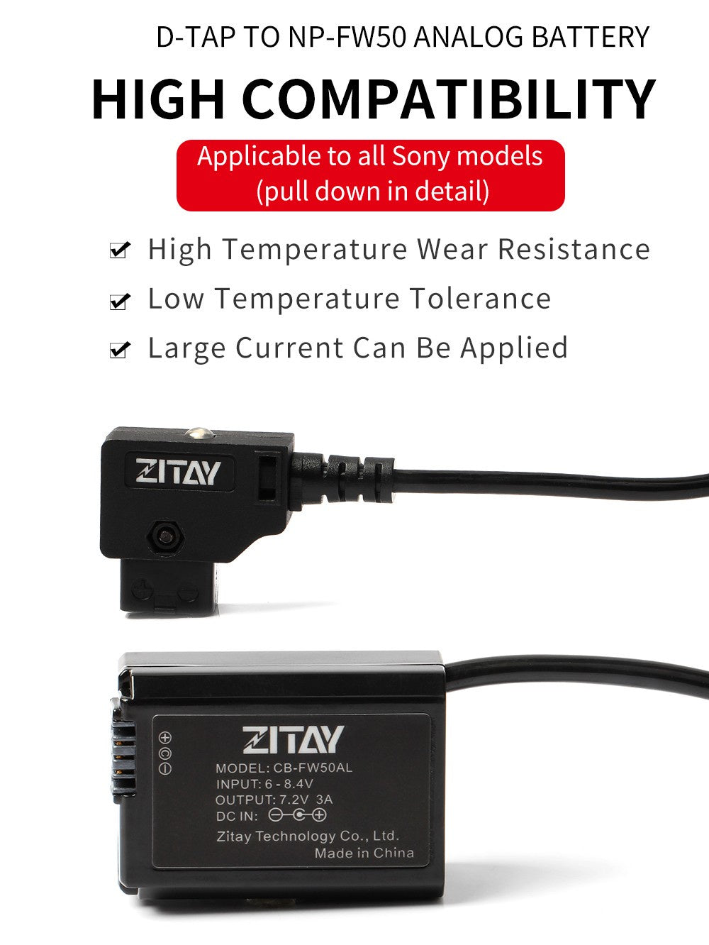 CCTECH　Dummy　FW50　D-TAP　–　Straight　battery　转FW50监视器供　Dtap　Zitay　Cable　to　RiceballPhoto